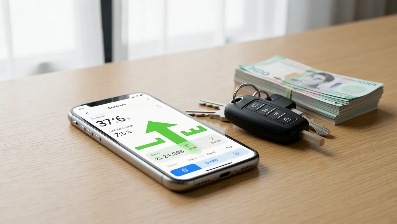Smartphone displaying a rising credit score for bad credit personal loans online.