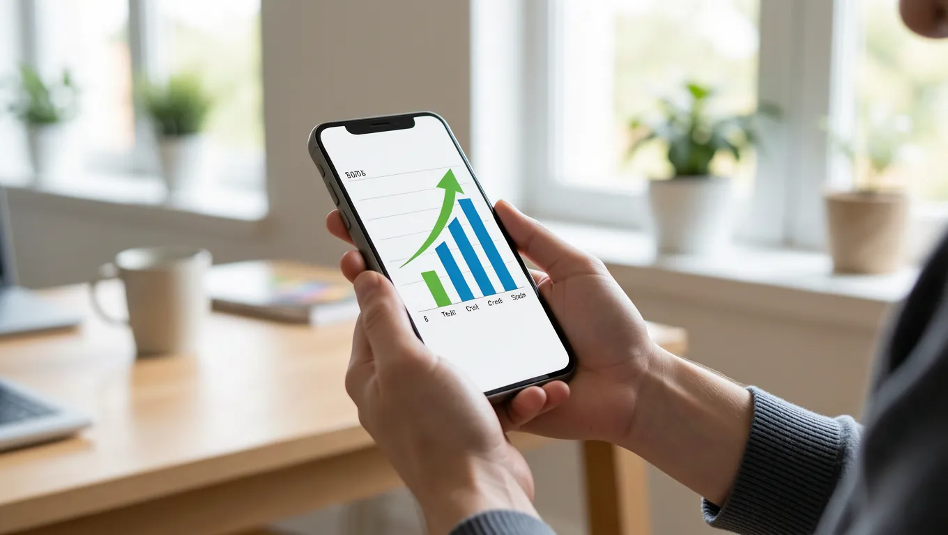 Smartphone showing a rising credit score to help find the best personal loans for bad credit.