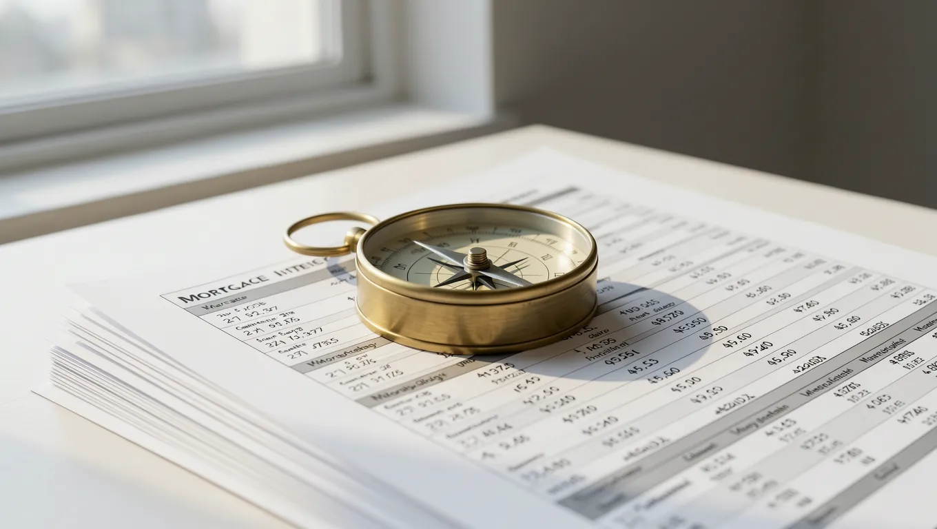 An antique brass compass resting on financial interest rate documents