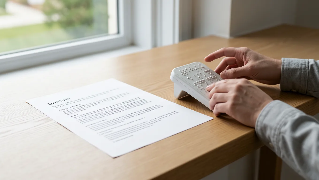 Hands interacting with a Braille reader and a document