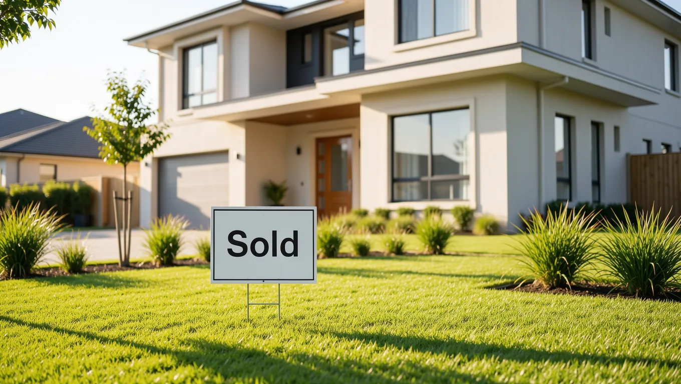 A modern residential home with a sold sign in the yard