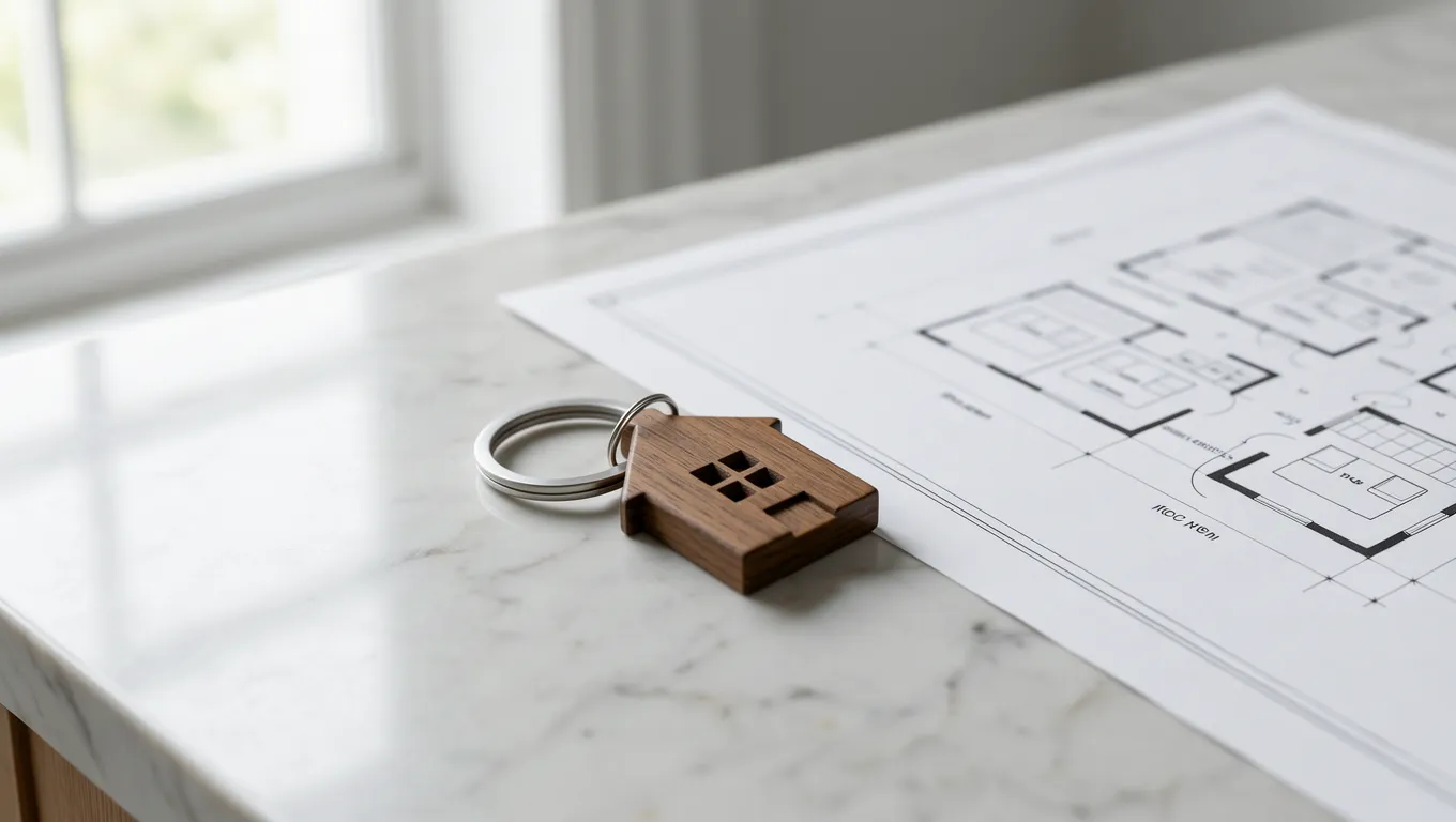 House keys and blueprints on a marble surface