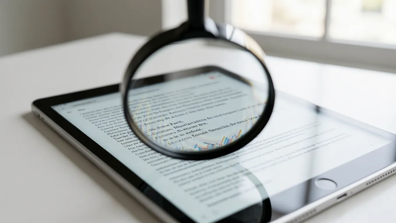 Magnifying glass inspecting fine print on a digital loan agreement