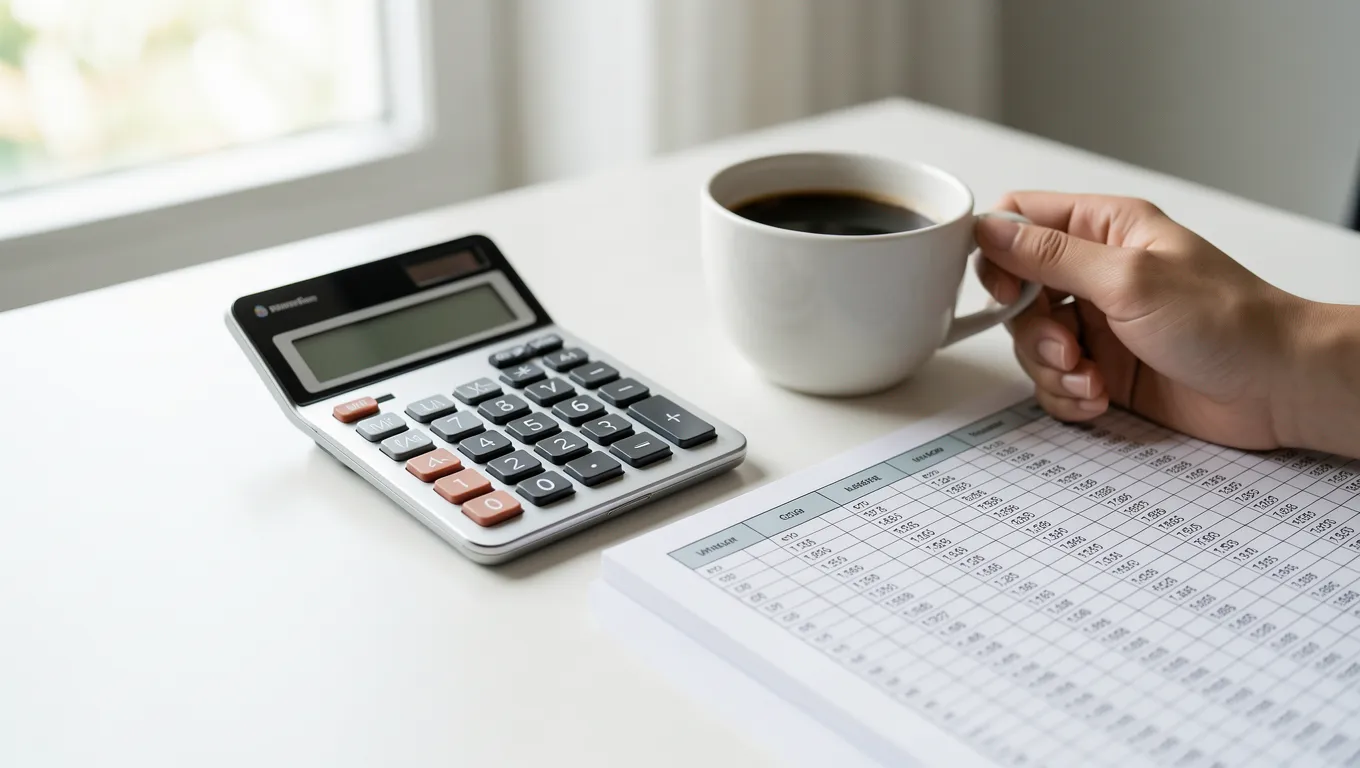 Person calculating loan interest with a calculator and spreadsheet