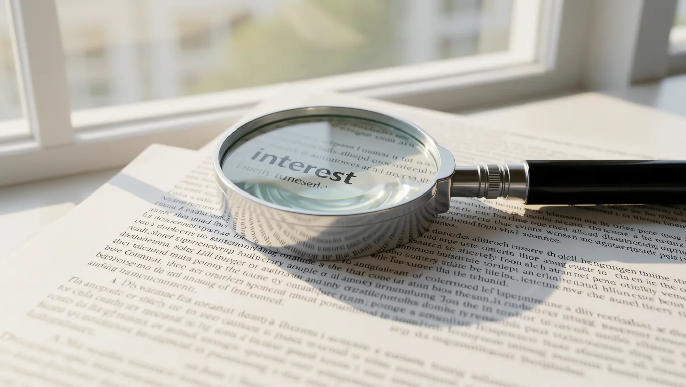 Magnifying glass highlighting interest terms on a loan agreement