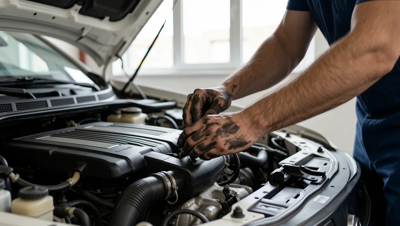 Mechanic working on a car engine in a well lit garage