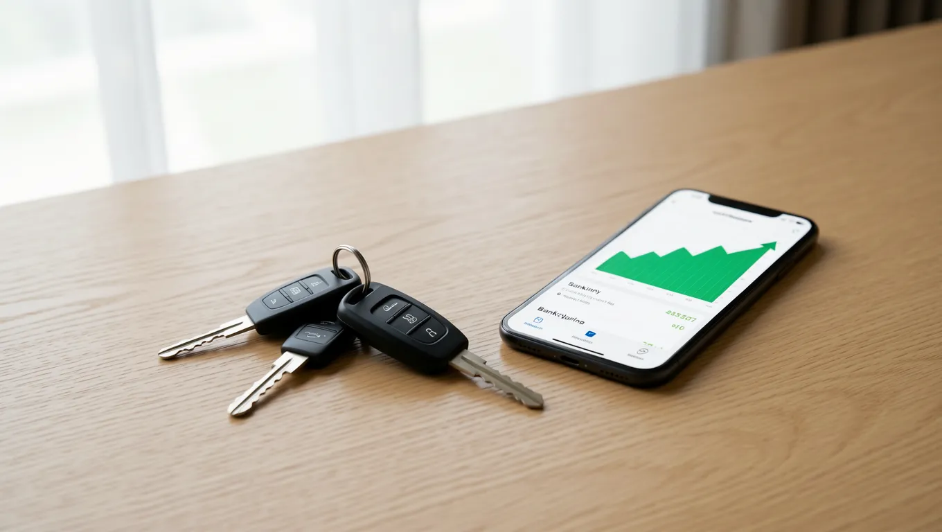 Car keys and a smartphone showing financial growth