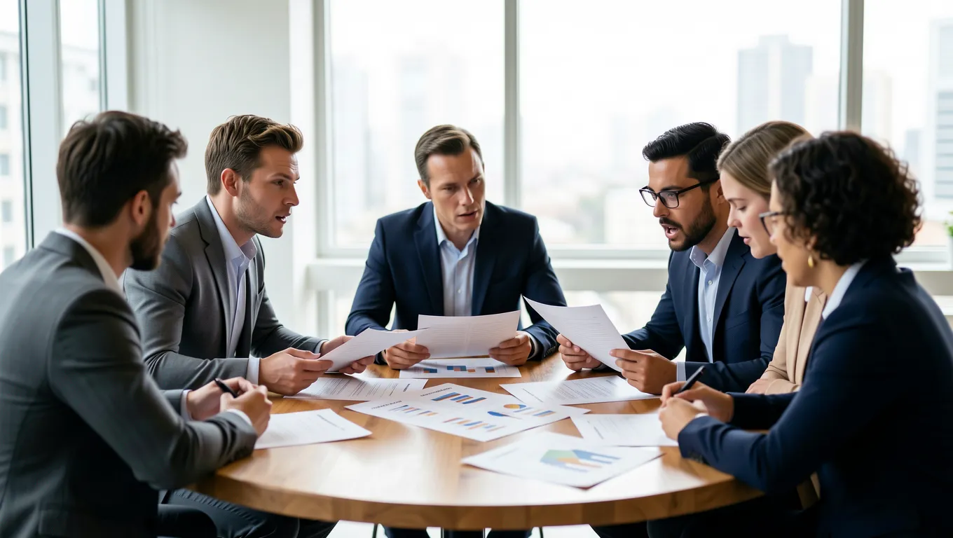 Financial journalists reviewing economic data in a modern office setting