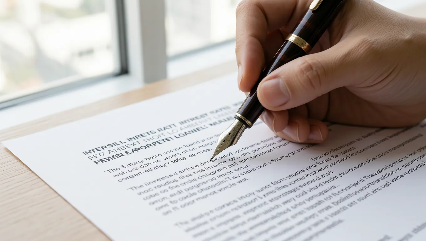 Hand highlighting key terms in a professional loan document