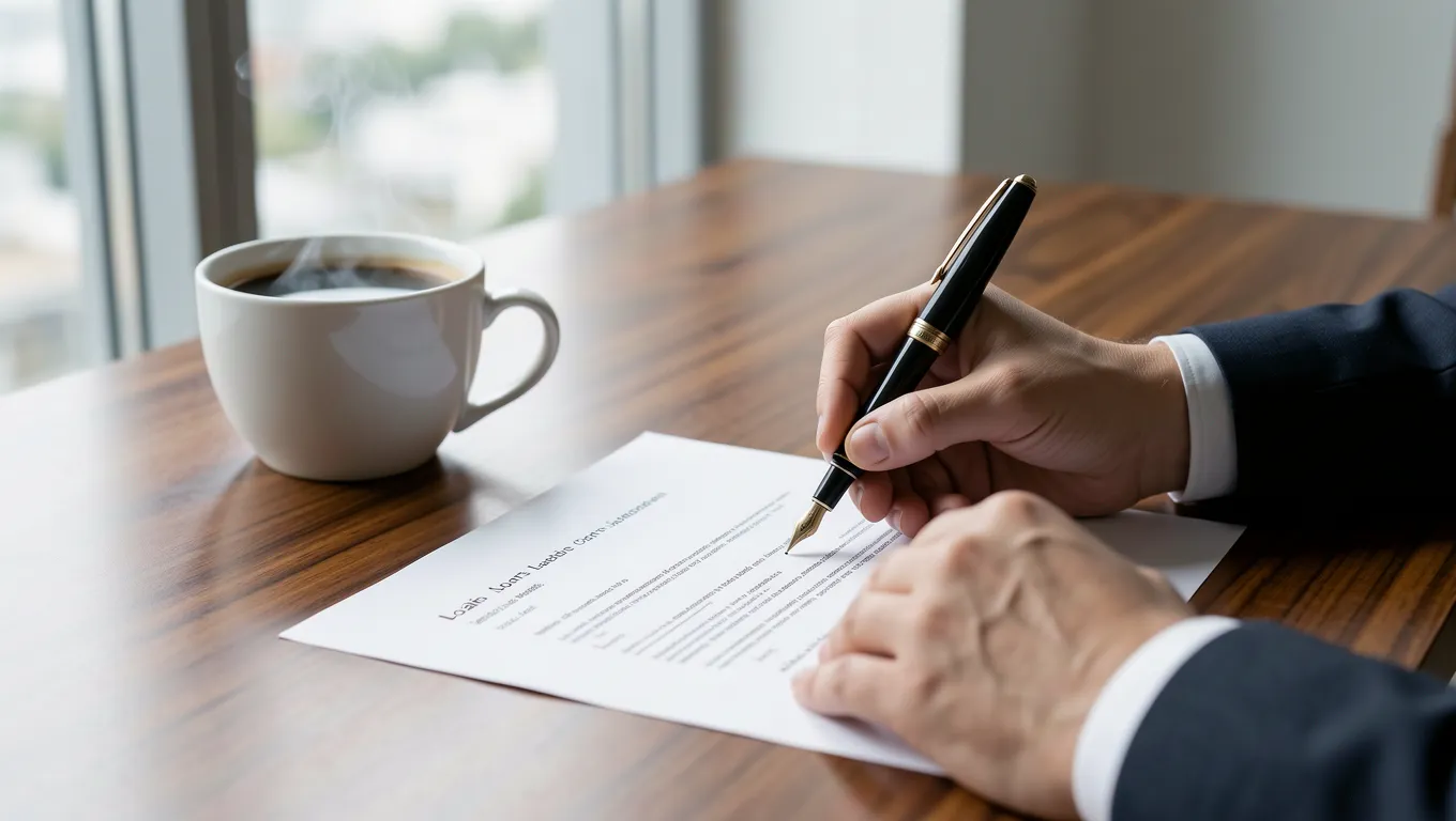 Professional hands signing a loan agreement on a wooden desk