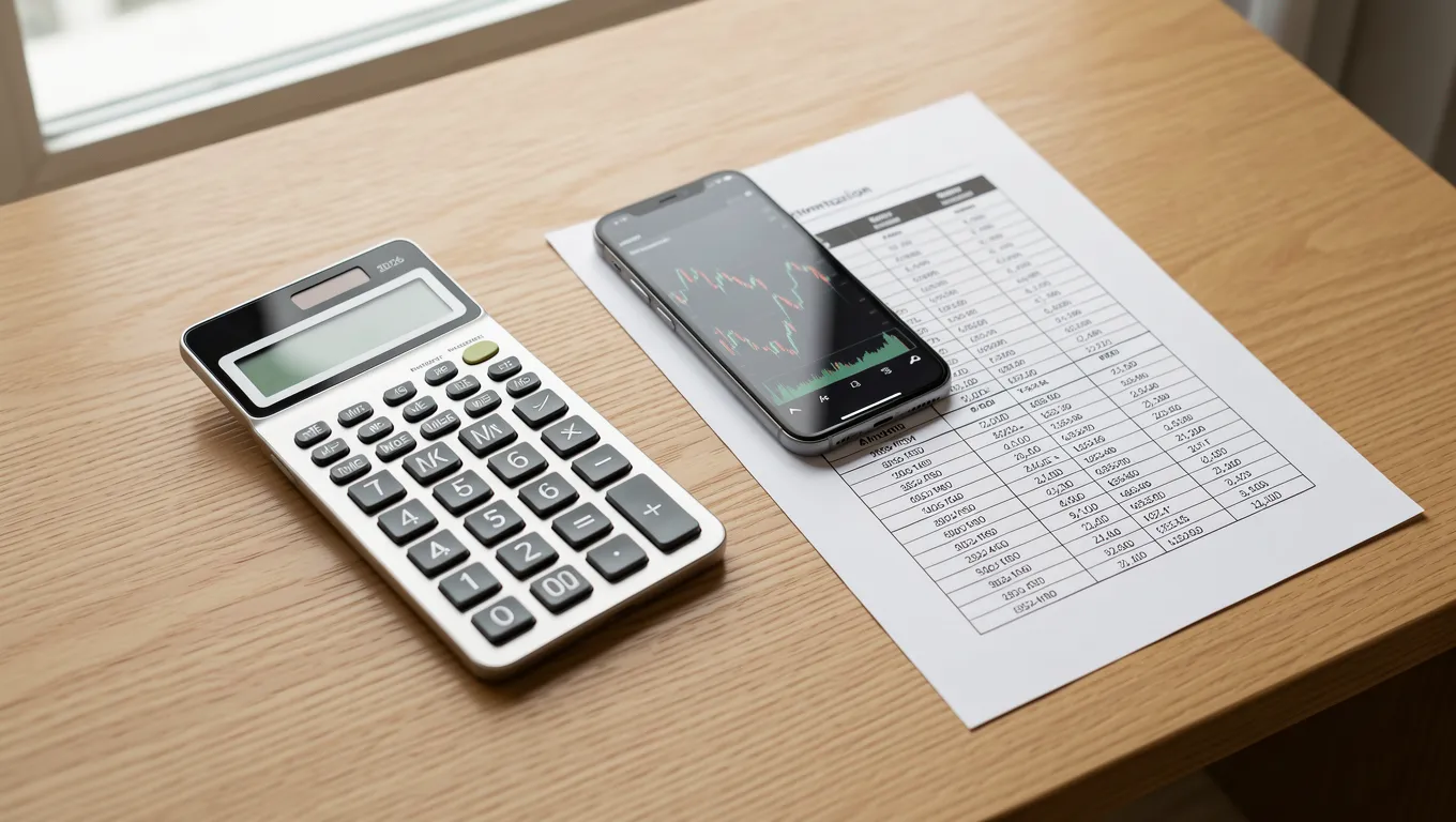Financial tools on a desk showing loan schedules