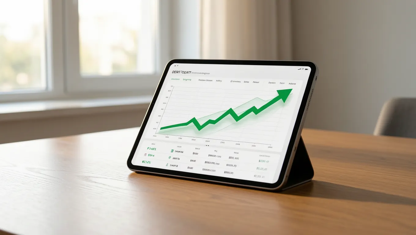 Digital tablet displaying rising growth charts for lowest interest personal loans
