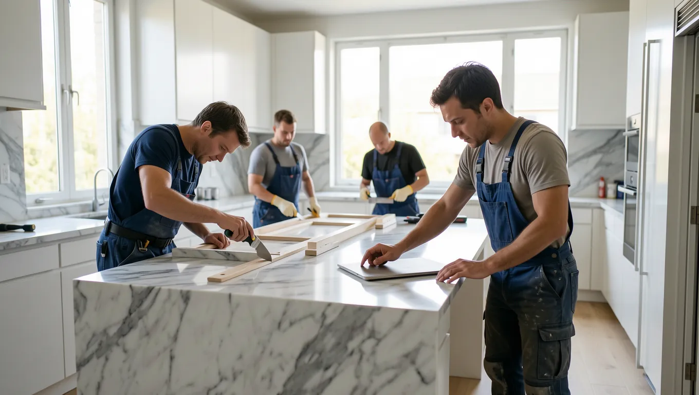 Professional crew installing new countertops in a home renovation funded by personal loans for $25000