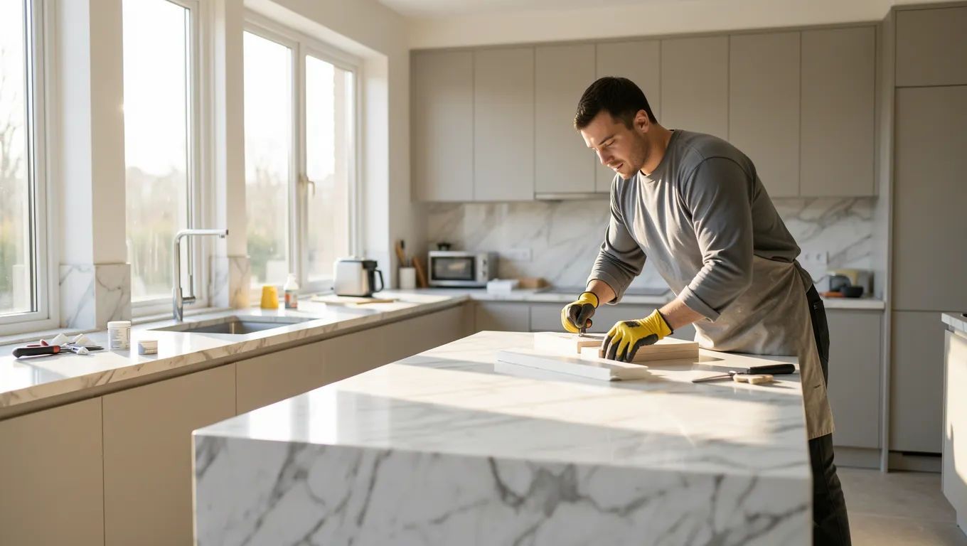 Professional workers installing marble countertops during a kitchen remodel using personal loans for home improvement