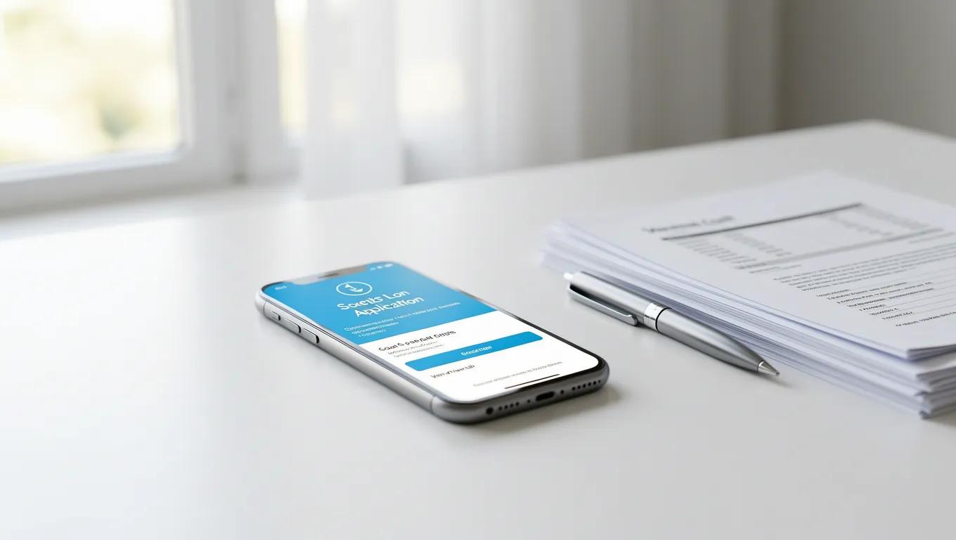 Smartphone showing a personal loans without collateral approval screen on a tidy desk