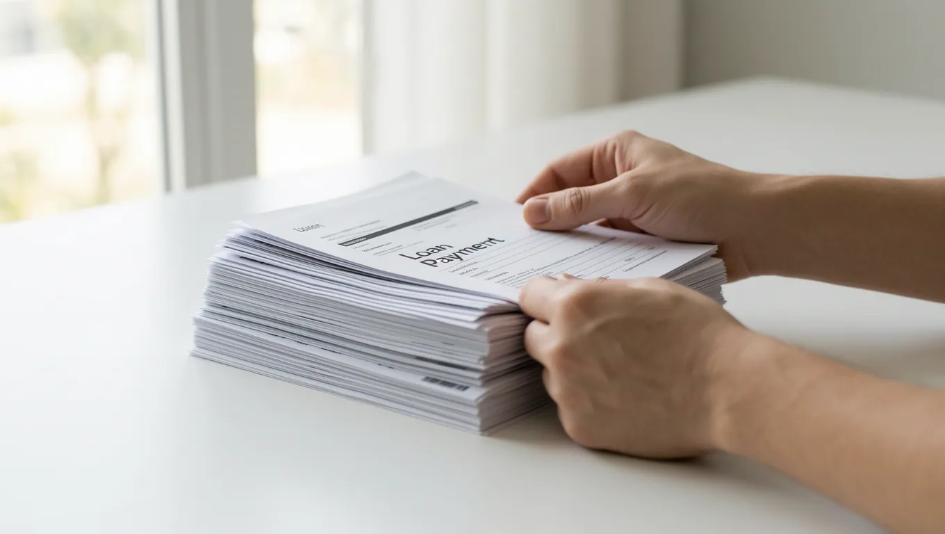 Person organizing debt consolidation paperwork for unsecured loans
