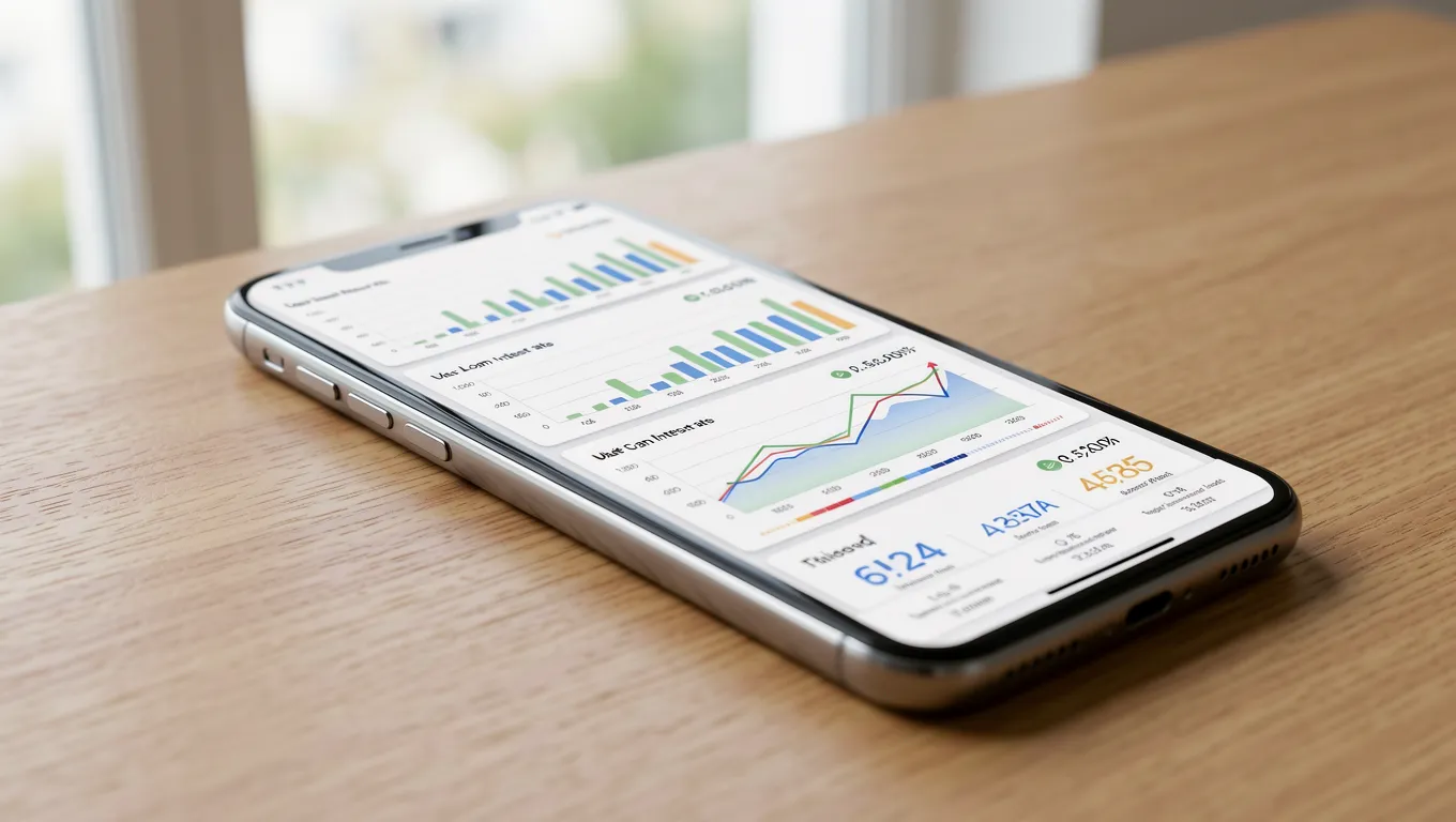 Smartphone screen showing unsecured personal loans online data visualization and rates.